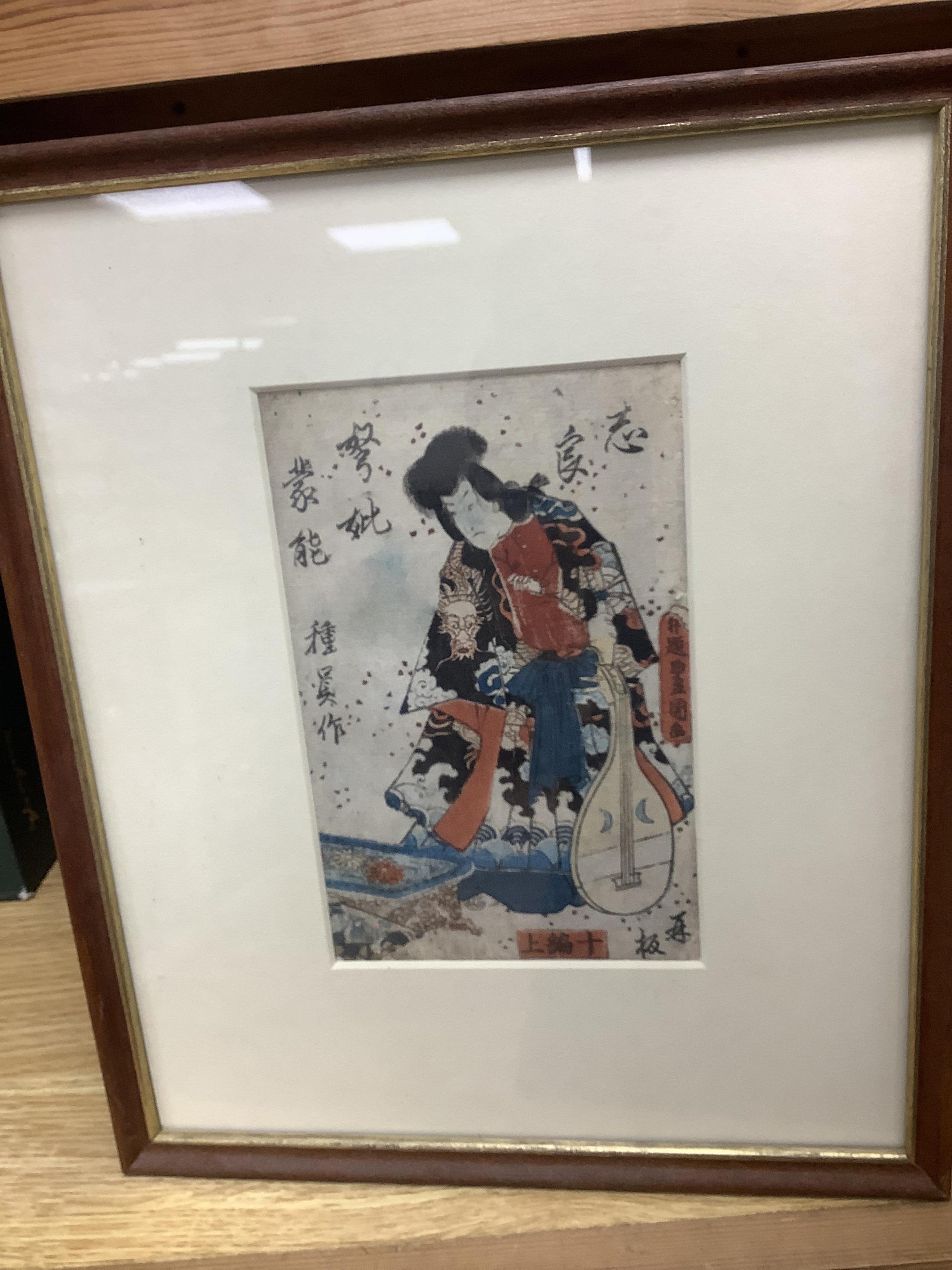 A collection of Chinese and Japanese paintings to include; a pair of Chinese pith paper paintings and Japanese woodblock prints, largest 18 x 30cm. Condition - varies, mostly fair